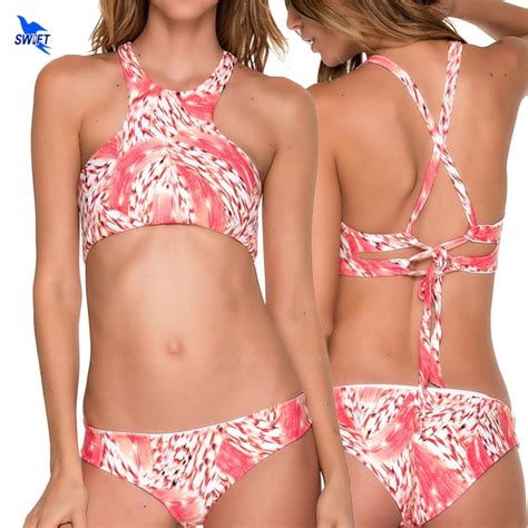 2018 sexy high neck bandage bikini swimwear women swimsuit brazilian bikini set floral print