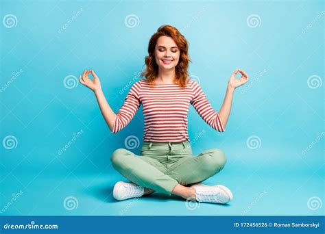 Full Body Photo Of Positive Calm Woman Sit Crossed Legs Meditate Yoga