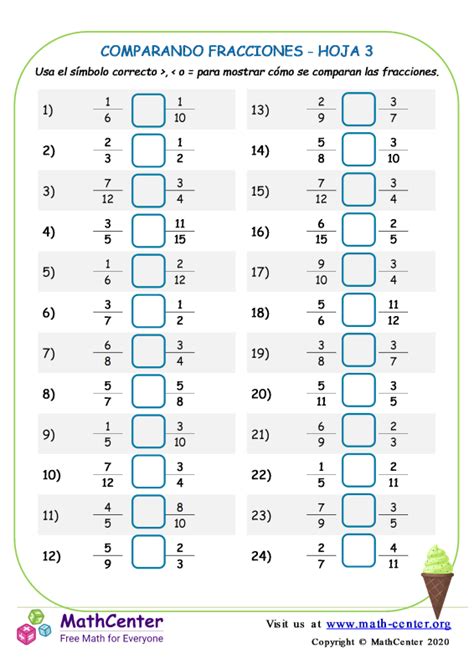 Quinto Grado Hojas De Trabajo Comparar Fracciones Math Center