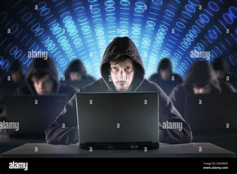Many hackers in troll farm. Security and cyber crime concept Stock