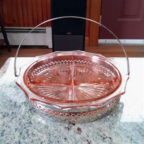 Vintage Pink Depression Glass Divided Dish In Metal Carrier W Handle