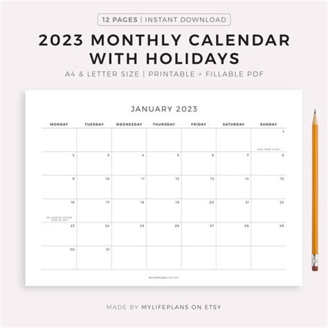 2023 Printable Calendar Landscape Minimalist Monthly Calendar Etsy