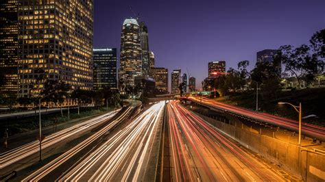 View Of Buildings With Road During Night Time Highway 110 Los Angeles