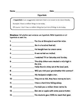 Learn more about hyperbole by practicing with our free hyperbole worksheets below. Hyperbole Worksheets by Learning is Lots of Fun | TpT