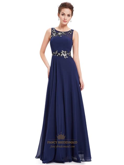 Navy Blue A Line Chiffon Floor Length Formal Dress With Embellishments