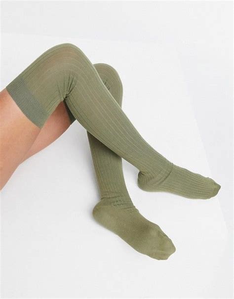 Asos Design Over The Knee Rib Socks In Khaki Asos Asos Designs