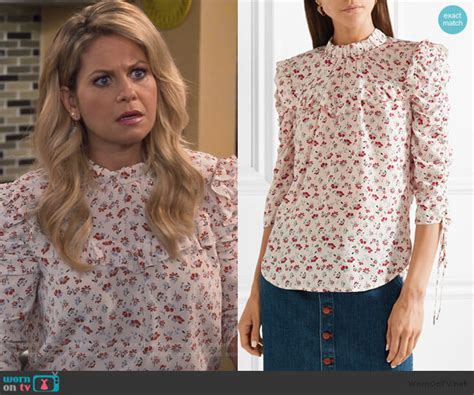 wornontv dj s white floral ruched sleeve blouse on fuller house candace cameron bure