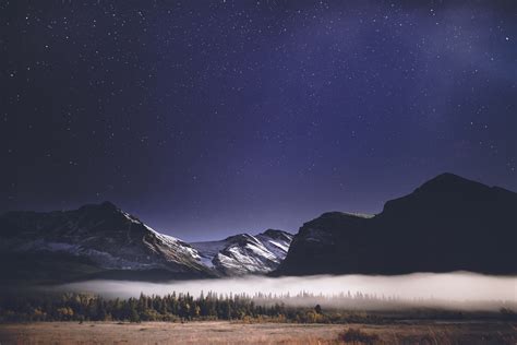 Landscape Field Forest Mist Nature Mountains Stars Clear Sky