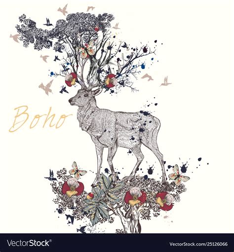 Boho Hand Drawn Deer Flowers In It Horns Vector Image