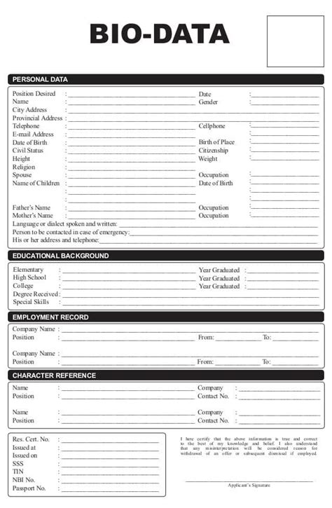 A Printable Bio Data Form With The Words Bio Data In Black And White On It