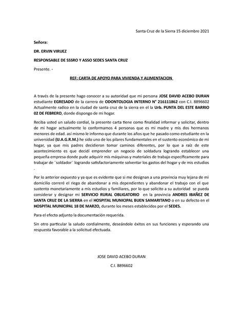 Modelo Carta De Apoyo A Vivienda Santa Cruz De La Sierra 15 Diciembre