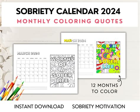 Sobriety Calendar 2024 Monthly Adult Coloring Pages Sober Quotes