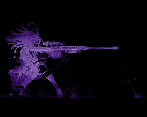 Dark Black Background Purple Anime Girls Gun Sniper