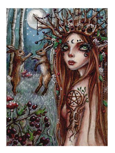 Original Aceo Pagan Hare Forest Goddess Fairy Fantasy Art Mini Painting