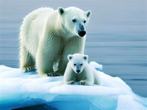 Sad Looking Endangered Polar Bear With Cub On Melting Ice Block Stock