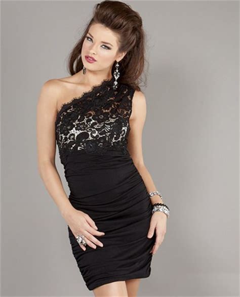 Sexy Tight One Shoulder Short Mini Black Lace Jersey Ruched Cocktail Party Dress