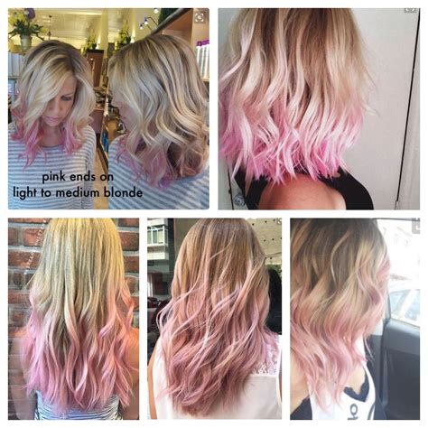 Balayage over a lighter base is one way to create strawberry blonde hair color. dip dye, fade in, color bleed pink ends on blonde | Hair ...