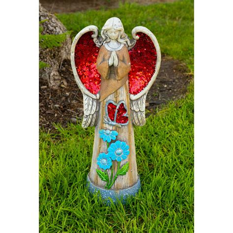 Alpine Angel Statue With Red Glitter Mosaic Wings 24 Inch Tall