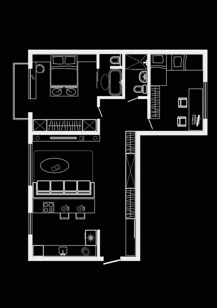 Linear Architectural Sketch Plan Standart Two Bedroom Apartment — Stock