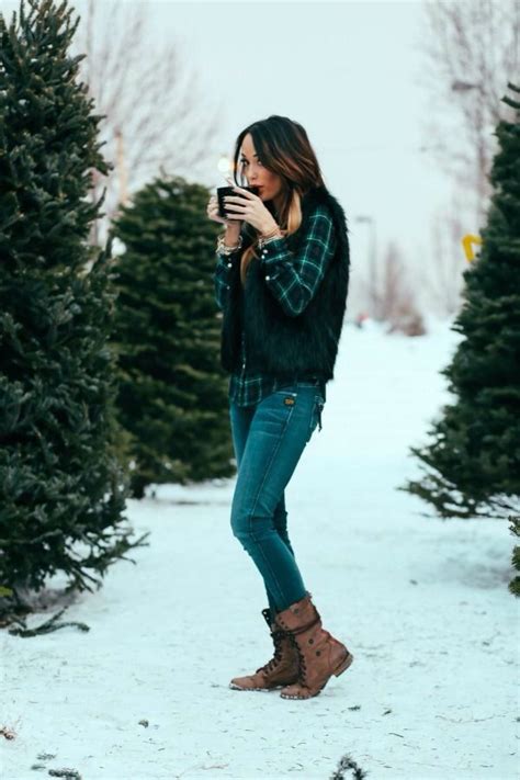 Green And Black Plaid Flannel Black Vest Jeans Combat Boots Style
