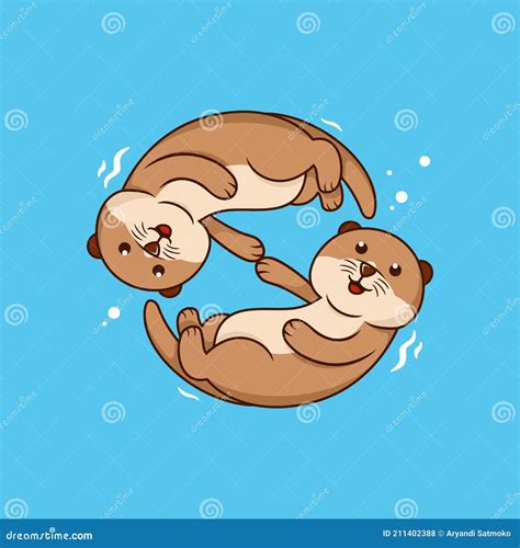 Cute Cartoon Otter Couple Holding Hands Kawaii Little Otters In Love