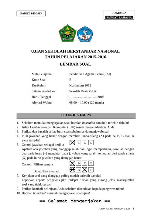 Pdf Ujian Sekolah Berstandar Nasional Tahun · Pdf Fileusbn Pai Sd