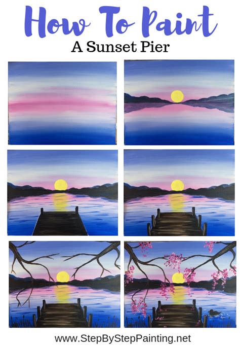 How To Paint A Sunset Lake Pier Sunset Painting Simple Acrylic