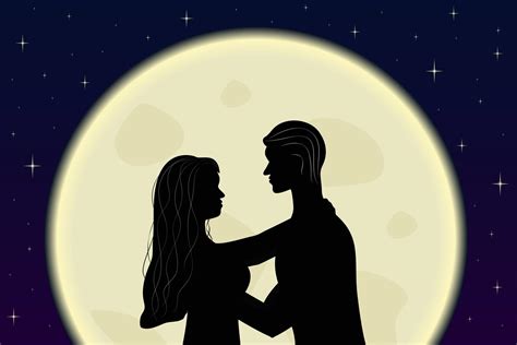 Romantic Couple In Love Embrace In The Moonlight Silhouettes Of Woman And Man Full Moon And