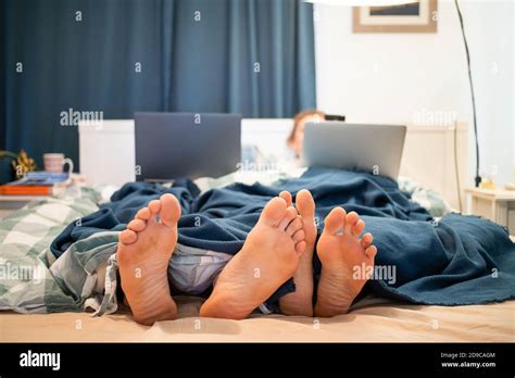 Laptop Couple Woman Bed Home Man Bedroom Relationship Together Technology Computer