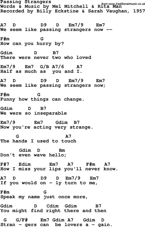 Song lyrics with guitar chords for Passing Strangers - Sarah Vaughan