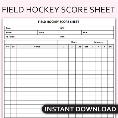 Printable Field Hockey Score Sheet Team Scoring Tracker Fi Inspire