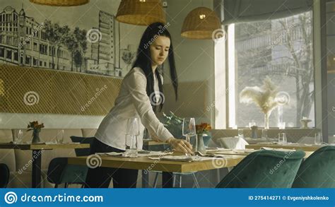 The Waitress In Uniform Sets The Tables Stock Image Image Of Waiter