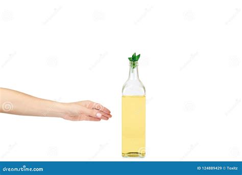 Olive Oil Glass Bottle With Hand Isolated On White Background Copy