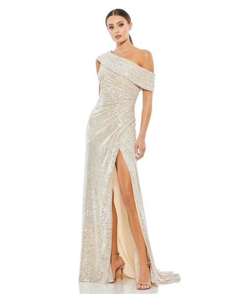 One Shoulder Ruched Sequined Gown Mac Duggal