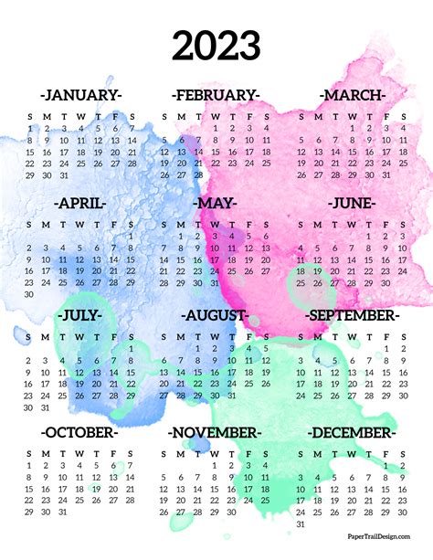 Calendar 2023 Printable One Page Paper Trail Design 2023 Calendar