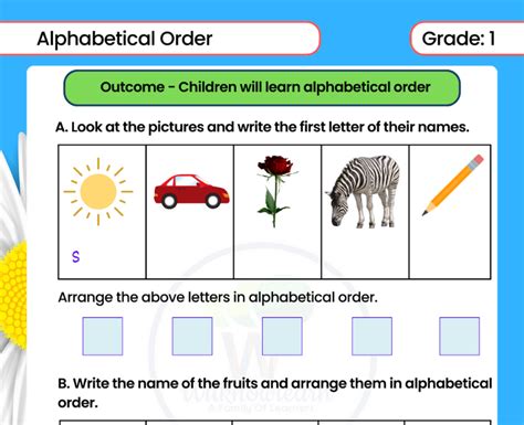 Alphabetical Order Basics For Beginner Class 1 English Grammar Worksheet