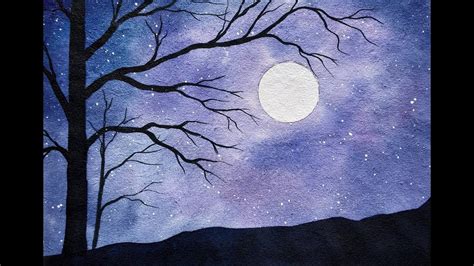 How To Paint Night Sky With Tree Watercolor Youtube