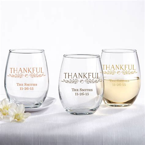Personalized 15 Oz Stemless Wine Glass Thankful Kate Aspen