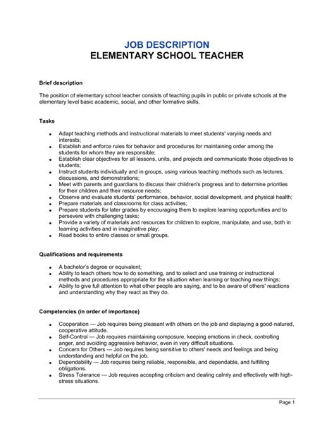 Elementary School Teacher Job Description Template By Business In A Box