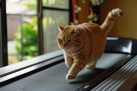 Premium Photo Fat Cat Runs On Treadmill In Gym