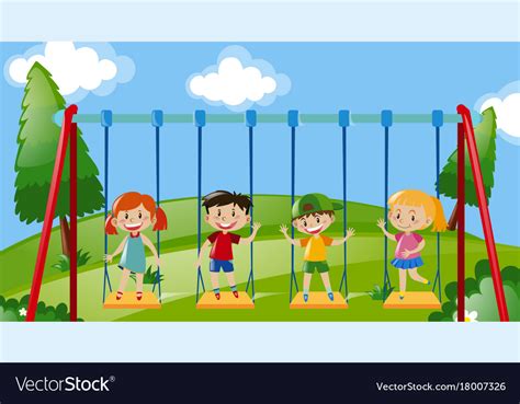 Four Kids On Swings In The Park Royalty Free Vector Image