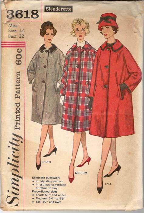 Simplicity 3618 1960s Misses Slenderette Coat Pattern Womens Etsy
