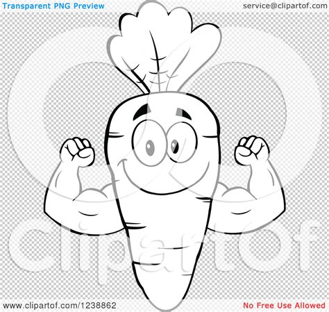 Clipart Of A Black And White Strong Carrot Flexing His Arms Royalty