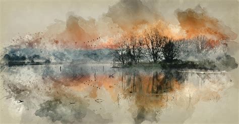Digital Watercolor Painting Of Beautiful Tranquil Landscape Of Lake In