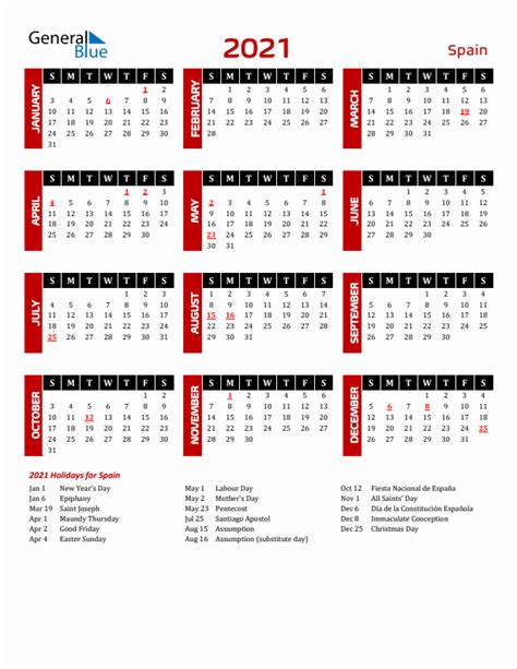 2021 Spain Calendar With Holidays