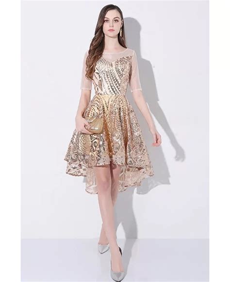 Sparkly Gold Sequin High Low Short Party Dress With Sleeves Ama86022