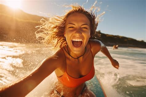 Premium AI Image Adventurous Female Surfer Having Fun At The Beach In Summer