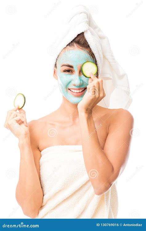 Playful Woman Having Facial Treatment Stock Photo Image Of Clean Covering