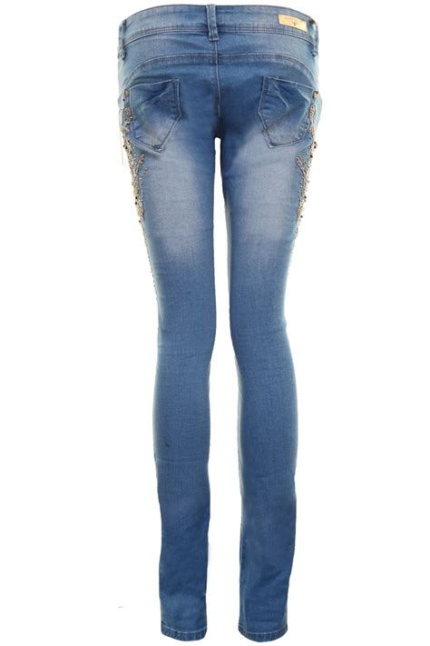 Womens Skinny Skin Tight Low Rise Diamante Ripped Fade Celeb Denim Jeans Ebay