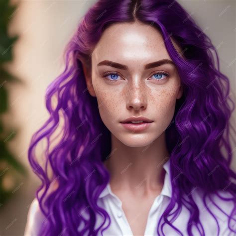 Premium Ai Image A Woman With Purple Hair And Blue Eyes Looks At The Camera